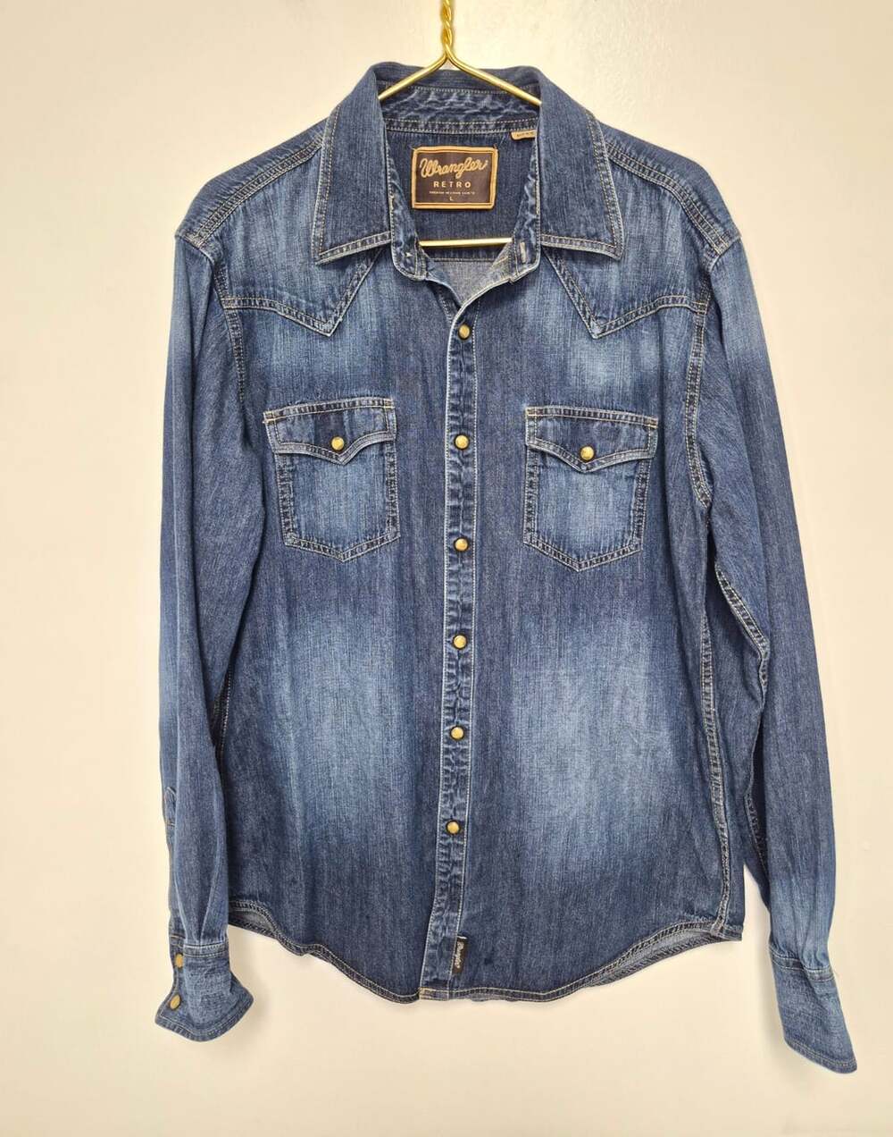 Wrangler Retro Men’s Blue Denim Western Long Sleeve Snap Button-Up Shirt sz L